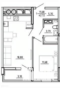 1-к квартира, вторичка, 43м2, 15/26 этаж
