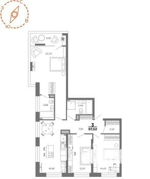 3-к квартира, вторичка, 98м2, 15/22 этаж