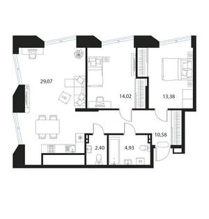 2-к квартира, вторичка, 74м2, 3/17 этаж