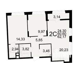 2-к квартира, вторичка, 61м2, 2/25 этаж