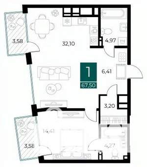 1-к квартира, вторичка, 68м2, 8/13 этаж