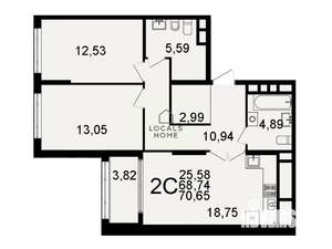 2-к квартира, вторичка, 71м2, 1/26 этаж