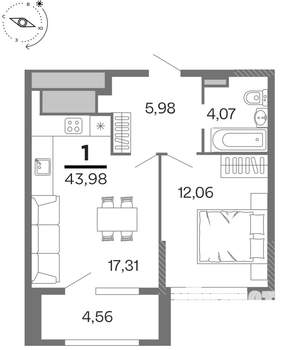 1-к квартира, строящийся дом, 44м2, 7/15 этаж