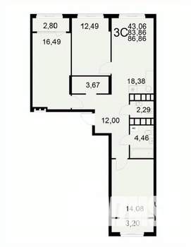 3-к квартира, вторичка, 87м2, 13/22 этаж