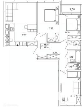 3-к квартира, вторичка, 97м2, 3/26 этаж