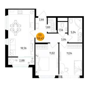 2-к квартира, вторичка, 58м2, 3/25 этаж