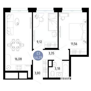 2-к квартира, вторичка, 46м2, 6/14 этаж