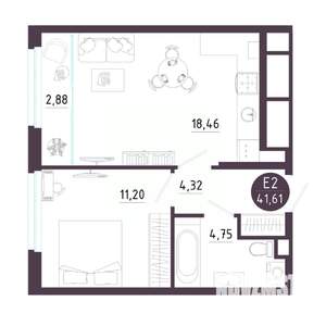 1-к квартира, вторичка, 42м2, 8/18 этаж