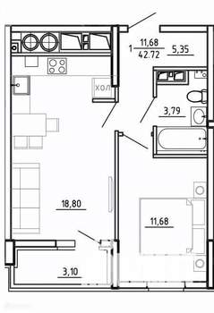 1-к квартира, вторичка, 43м2, 16/26 этаж