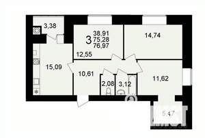 3-к квартира, вторичка, 77м2, 1/16 этаж