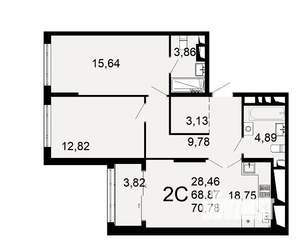 2-к квартира, вторичка, 69м2, 22/26 этаж