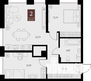 2-к квартира, вторичка, 63м2, 2/15 этаж