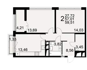 2-к квартира, вторичка, 57м2, 13/25 этаж