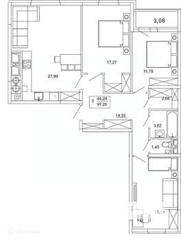 3-к квартира, вторичка, 97м2, 2/26 этаж