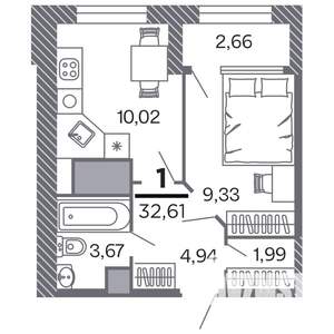 1-к квартира, строящийся дом, 33м2, 22/25 этаж
