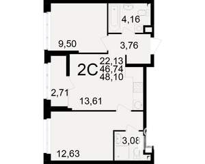 2-к квартира, вторичка, 47м2, 9/25 этаж