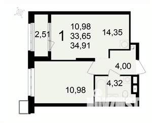 1-к квартира, вторичка, 35м2, 16/24 этаж