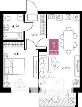 1-к квартира, вторичка, 43м2, 6/9 этаж