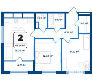 2-к квартира, строящийся дом, 66м2, 2/9 этаж