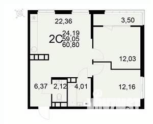 2-к квартира, вторичка, 61м2, 12/22 этаж