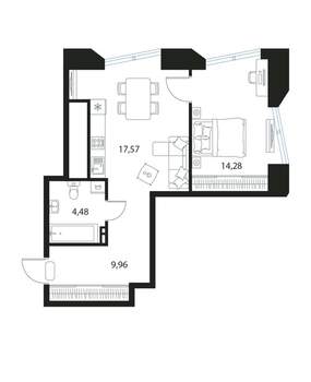 1-к квартира, вторичка, 46м2, 3/17 этаж