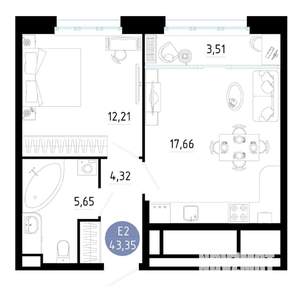1-к квартира, вторичка, 43м2, 2/25 этаж