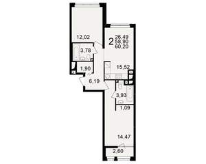 2-к квартира, вторичка, 59м2, 15/25 этаж