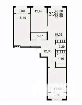 3-к квартира, вторичка, 87м2, 6/22 этаж