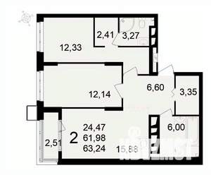 2-к квартира, вторичка, 63м2, 22/24 этаж