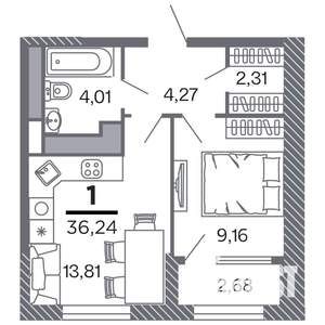 1-к квартира, строящийся дом, 36м2, 18/25 этаж