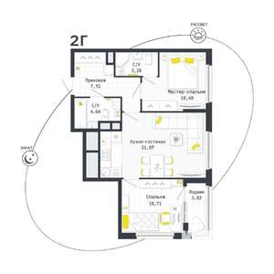 2-к квартира, строящийся дом, 59м2, 22/25 этаж