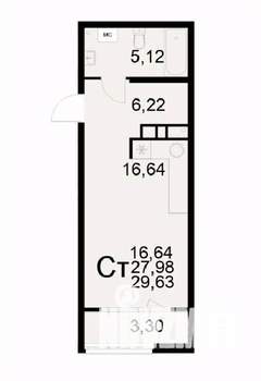 1-к квартира, вторичка, 30м2, 6/22 этаж