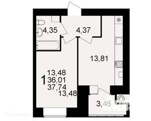 1-к квартира, вторичка, 38м2, 7/16 этаж