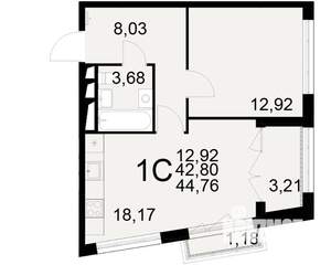 1-к квартира, вторичка, 43м2, 17/25 этаж