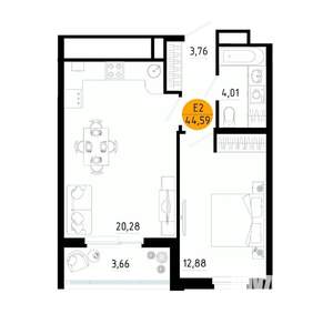 1-к квартира, вторичка, 45м2, 25/25 этаж