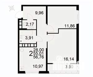 2-к квартира, вторичка, 57м2, 3/22 этаж