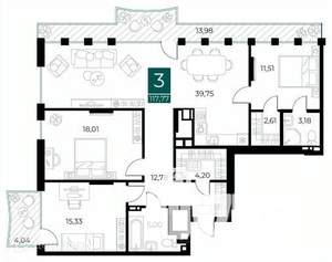 3-к квартира, вторичка, 118м2, 6/14 этаж