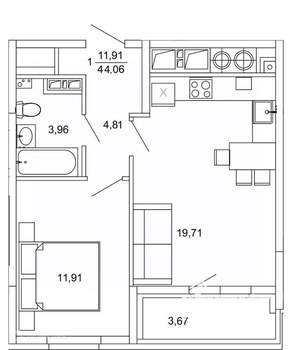 1-к квартира, вторичка, 44м2, 7/26 этаж