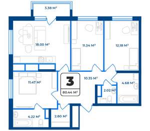 3-к квартира, строящийся дом, 80м2, 9/9 этаж