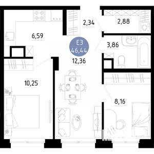 2-к квартира, вторичка, 46м2, 2/14 этаж