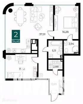 2-к квартира, вторичка, 94м2, 5/14 этаж
