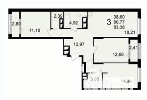 3-к квартира, вторичка, 83м2, 13/24 этаж
