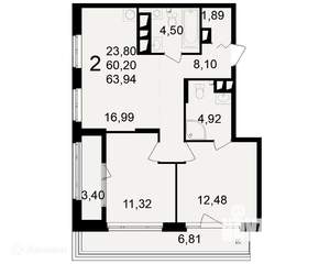 2-к квартира, вторичка, 64м2, 20/24 этаж