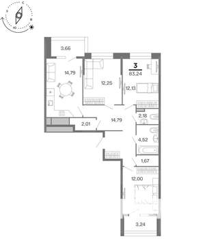3-к квартира, строящийся дом, 83м2, 2/15 этаж