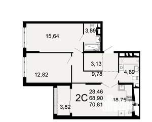 2-к квартира, вторичка, 69м2, 2/26 этаж