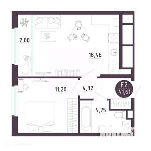 1-к квартира, вторичка, 42м2, 3/19 этаж
