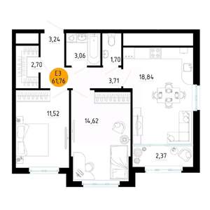 2-к квартира, вторичка, 62м2, 9/25 этаж