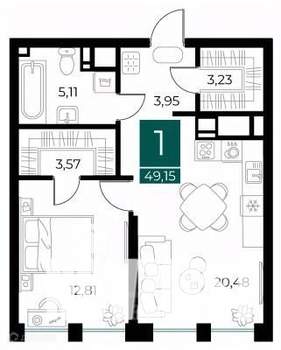 1-к квартира, вторичка, 49м2, 3/14 этаж