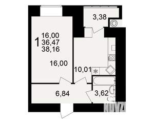 1-к квартира, вторичка, 36м2, 1/15 этаж