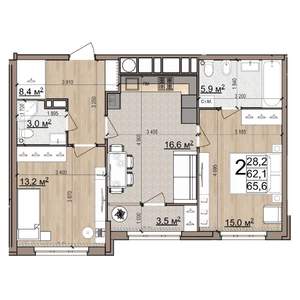 2-к квартира, вторичка, 66м2, 16/25 этаж